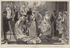 A primeira sala de desenho da temporada, ao pé da grande escadaria no Palácio de Buckingham de Arthur Hopkins
