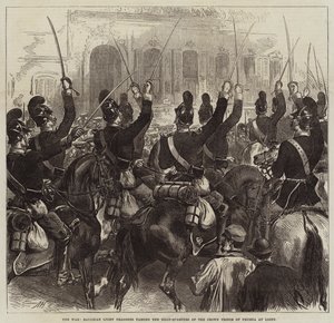 A guerra, dragões leves da Baviera passando a sede do príncipe herdeiro da Prússia em Ligny de Arthur Hopkins