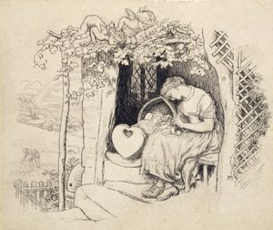 By the Cradle (caneta e nanquim sobre grafite) de Arthur Hughes