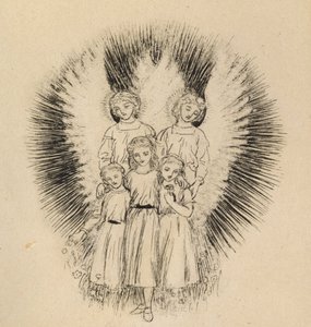 Três criancinhas na grande largura da Terra (caneta e tinta preta em papel branco) de Arthur Hughes
