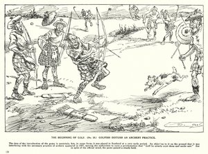O início do golfe, os golfistas perturbam uma prática de tiro com arco (litografia) de Arthur Moreland