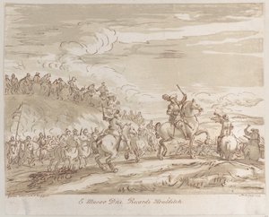 Cavalaria avançando para a acusação, com uma figura central em cavalo levantando uma espada, 1735., 1735.