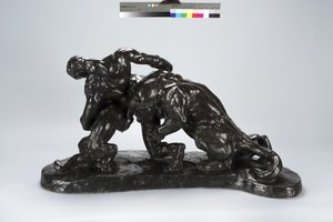 Homem preso em combate com leoa filhote (bronze) de Arthur Putnam
