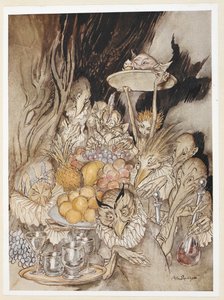 ACT III: Cena III, linha 19
Entrar em várias Formas Estranhas, trazendo um banquete ...
convidando o Rei, etc., a comer. de Arthur Rackham