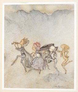 ACT IV: Cena I, linha 46
Cada um, tropeçando no dedo do pé,
Estará aqui com a esfregona e o corte de relva.
Ninfas. de Arthur Rackham