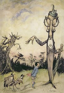 Um gigante com uma criança e dois corvos, ilustração do livro de Betty Barber por Maggie Brown, pub.1910 (caneta e tinta, mais tarde, colorido por Harry Rountree, 1878-1950) (também uma ilustração para o livro o