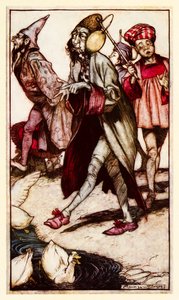 Um cavalheiro laputiano dando um passeio da Parte III: Uma Viagem a Laputa, etc. em Gullivers Viaja por Jonathan Swift de Arthur Rackham