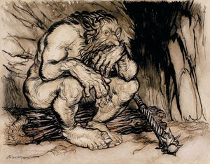 Um gigante mais fantástico, ilustração de contos de fadas ingleses, publicado em 1918 (caneta e tinta e wc no papel) de Arthur Rackham