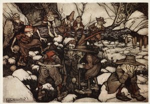 Uma companhia de pessoas estranhas que tocam em canhões, de Rip Van Winkle de Washington Irving, pub. 1910 de Arthur Rackham