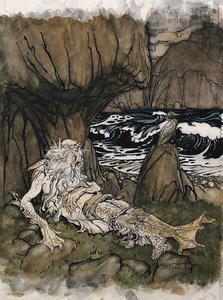 Um "tritão" coroado, um deus do mar dormindo em uma costa rochosa de Arthur Rackham