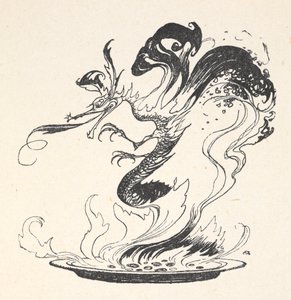 Um dragão emergindo de um prato de dinheiro queimado de Arthur Rackham