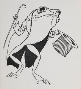 Um sapo de chapéu e cauda, carregando uma bengala. de Arthur Rackham