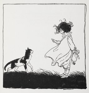 Uma rapariga com uma boneca diz mal do seu gato. de Arthur Rackham