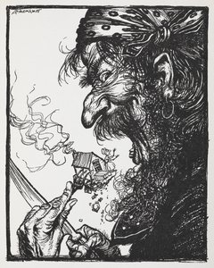 Um homem grande a comer uma senhora minúscula e a sua casa. de Arthur Rackham