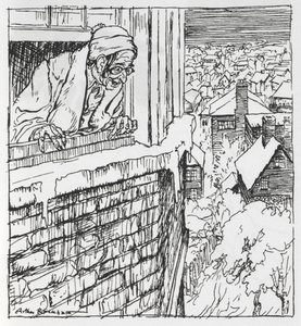 Um homem a olhar de uma janela de Arthur Rackham