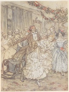 Uma festa a jogar ao bluff de um cego. Um homem com um vestido de cego persegue uma mulher com um vestido de babado de Arthur Rackham