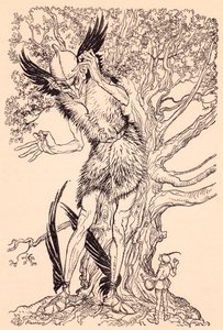 Um sujeito terrível, metade do tamanho da árvore pela qual estava de pé. Ilustração de Arthur Rackham de Grimm