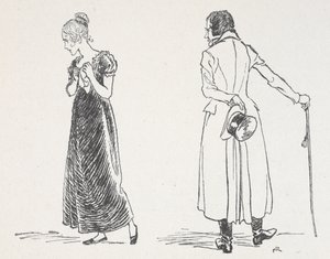 Um jovem casal a discutir, tendo a mulher recusado agarrar um lenço ao peito de Arthur Rackham