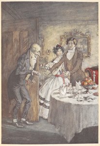 Um jovem que dá as boas-vindas a Scrooge para uma refeição na sua sala de jantar de Arthur Rackham