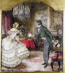 Um, homem jovem, apresentando, um, buquet, para, um, menina, ficar, em, um, sala de estar, (wc, com, caneta, &, tinta, ligado, paper) de Arthur Rackham