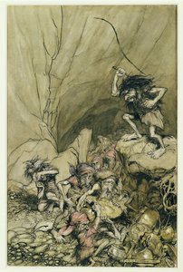 Alberich dirige em uma banda de Nibelungos carregados com ouro e prata tesouro, uma ilustração do Rheingold e Valquíria por Richard Wagner (1813-83) pub. 1910 (caneta e tinta, wc) de Arthur Rackham