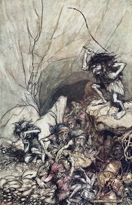 Alberich dirige em um bando de Niblungs carregado de ouro e prata. Ilustração para o Rhi de Arthur Rackham
