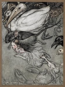 Alice e vários animais a nadar, incluindo um rato, um pato, um dodó, um corvo, uma doninha, um caranguejo e um pinto. de Arthur Rackham