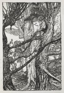 Alice como uma serpente a falar com um pombo de Arthur Rackham