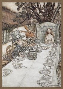 Alice na Festa do Chá do Chapeleiro Louco com a Lebre de Março, o Dormitório e o Chapeleiro Louco de Arthur Rackham