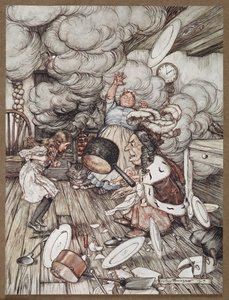 Alice numa cozinha com a Duquesa, uma cozinheira e o Gato de Cheshire de Arthur Rackham