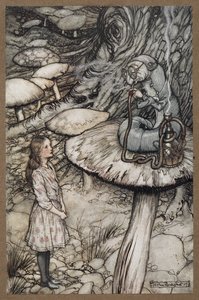 Alice a falar com a Lagarta que está sentada num cogumelo a fumar um cachimbo de Arthur Rackham