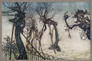 Um Elderberry mancou pela caminhada e ficou conversando com algumas crianças ... de Peter Pan em Kensington Gardens por JM Barrie (1860 - 1937), pub. 1906 de Arthur Rackham