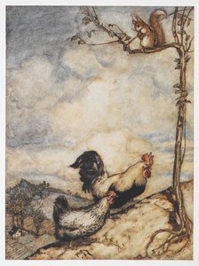 Uma ilustração de uma galinha, galo e esquilo de As Aventuras de Chanticleer e Partlet. de Arthur Rackham