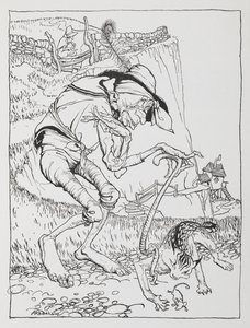 Um velho homem torto com o seu gato torto e a sua casa torta. de Arthur Rackham