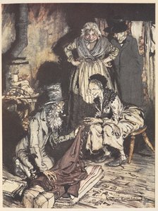 Uma velha família dentro da sua casa com um homem a oferecer-lhes cortinas de Arthur Rackham