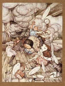 Uma panela extraordinariamente grande voou perto dele, e quase a carregou, de Alices Adventures in Wonderland, de Lewis Carroll, pub.1907 de Arthur Rackham
