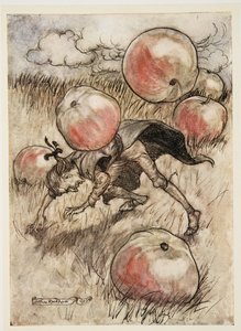 As maçãs vieram Tumbling sobre minhas orelhas, das viagens de Gullivers por Jonathon Swift (1667 - 1745), bar. 1909 de Arthur Rackham