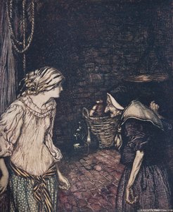 Por fim, chegou ao porão e lá encontrou uma velha, idosa, de cabeça tremula ... de Os contos de fada dos irmãos Grimm, pub. 1909 de Arthur Rackham