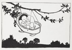 Bebé num berço pendurado num galho. de Arthur Rackham