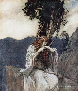 Brünnhilde beija o anel que Siegfried deixou com ela. Ilustração para Siegfried e The Twi de Arthur Rackham