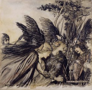 Brunnhilde Implora as Valquírias, ilustração de O Reno e a Valquíria, de Richard Wagner, edição publicada em 1910 (caneta, tinta e wc no papel) de Arthur Rackham