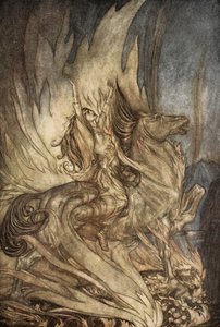 Brunnhilde sobre Grane salta para a pira funerária de Siegfried, ilustração de 