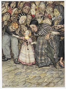 "Mas ele não tem absolutamente nada", disse uma criança pequena. Ilustração a cores da história, "a roupa nova do imperador". de Arthur Rackham