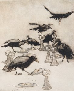 Mas eles disseram um após o outro Halloa! Quem tem comido meu prato Quem bebeu o meu copo dos contos de fadas dos irmãos Grimm, bar. 1909 de Arthur Rackham