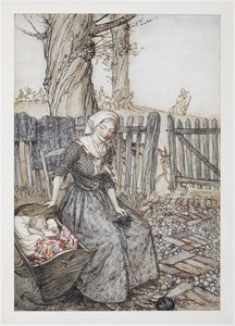 Adeus, bunting baby bunting". Mãe com o seu bebé num berço. O pai vai à caça em segundo plano. de Arthur Rackham