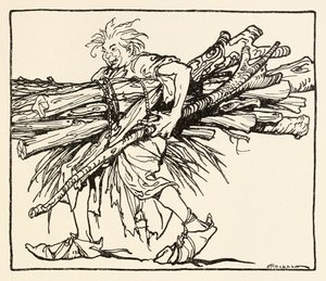 Carl construindo um abrigo para a noite, do Carl do Brasão Drab em contos de fadas irlandeses de Arthur Rackham