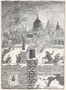 Crianças a brincar nos telhados na neve à noite, com a cúpula de S. Paulo à distância. de Arthur Rackham