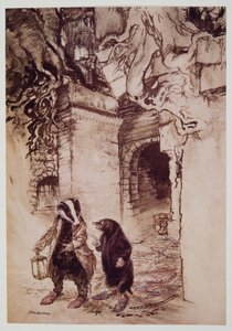 Atravessando o salão, eles passaram por um dos túneis principais, de Wind in the Willows, de Kenneth Grahame (1859 - 1932), pub. 1940 de Arthur Rackham