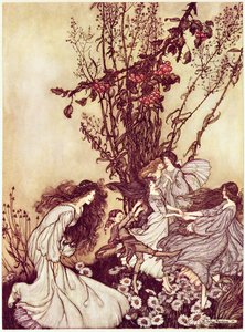 Dançando com as Fadas de &39;Peter Pan em Kensington Gardens&39; por JM Barrie, 1906 34: Peter Pan em Kensington Gardens por JM Barrie: Dançando com as Fadas, 1906 de Arthur Rackham