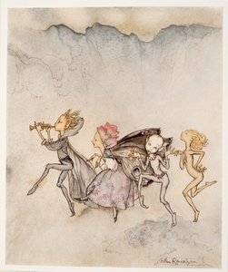 Cada um, tropeçando em seu dedo do pé, estará aqui com o espanador e a sega, ilustração de William Shakespeares a tempestade, bar. 1926 de Arthur Rackham